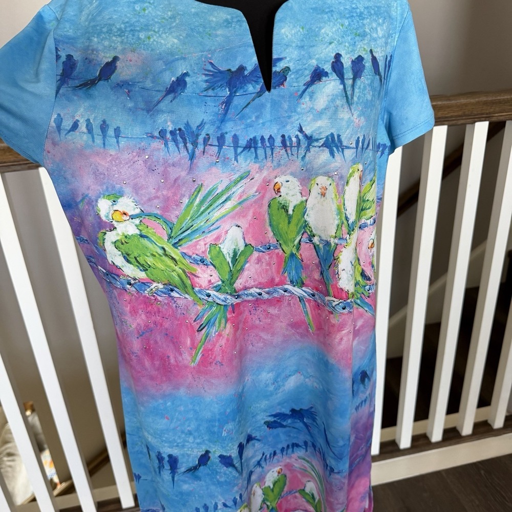 Leoma Lovegrove Dress Large Pullover Tropical Birds Parakeet Resort Artsy Travel - Picture 2 of 11